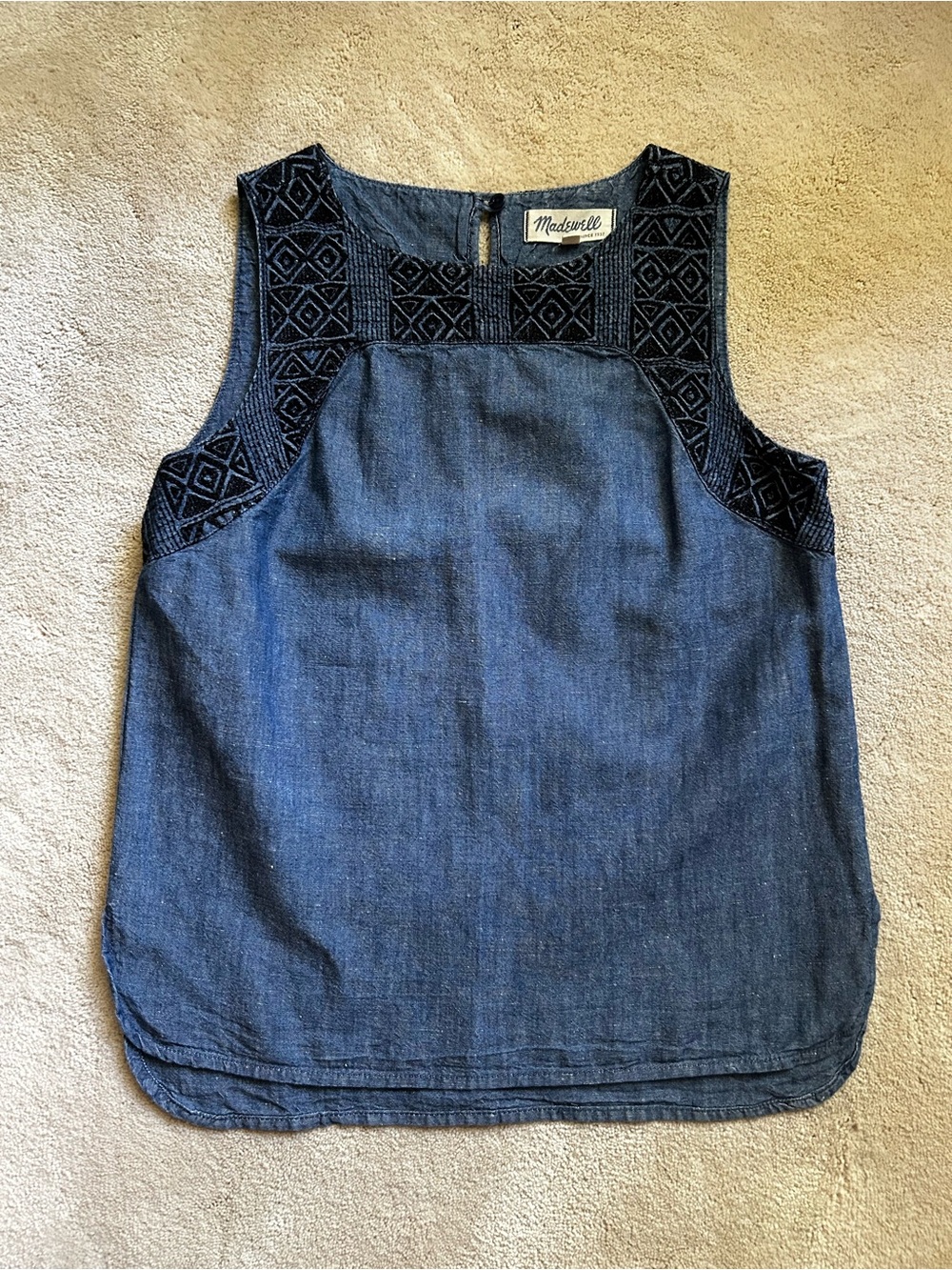 Madewell Indigo Chambray Sleeveless Top with Embroidered Yoke XS